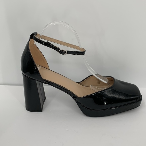 BP D'Orsay black patent pumps ankle strap chunky heel platform shoe Drag 14 - Picture 1 of 7